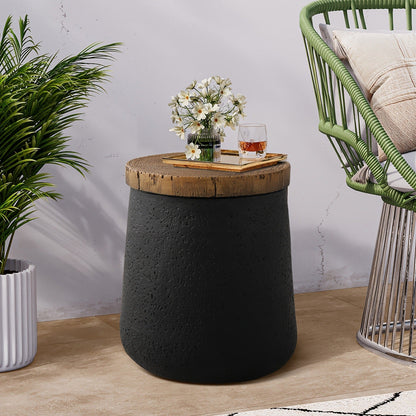 Outdoor Side Table 17-Inch Concrete Design with Wood-Look Finish in Black, Hourglass or Small Options