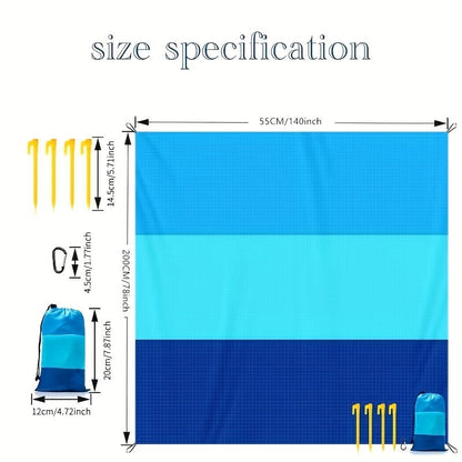 Blue Colorblock Beach Mat with Four Stakes and Carry Pouch, 55 x 78in Lightweight Foldable Size