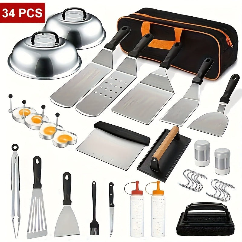 BBQ Tool Set Stainless Steel Grill Accessories Kit with Meat Thermometer Teppanyaki Press Board for Outdoor Camping Home Kitchen Party