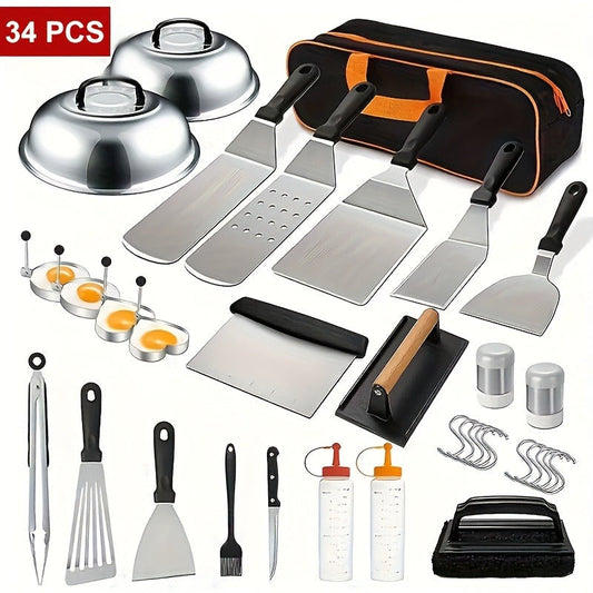 BBQ Tool Set Stainless Steel Grill Accessories Kit with Meat Thermometer Teppanyaki Press Board for Outdoor Camping Home Kitchen Party