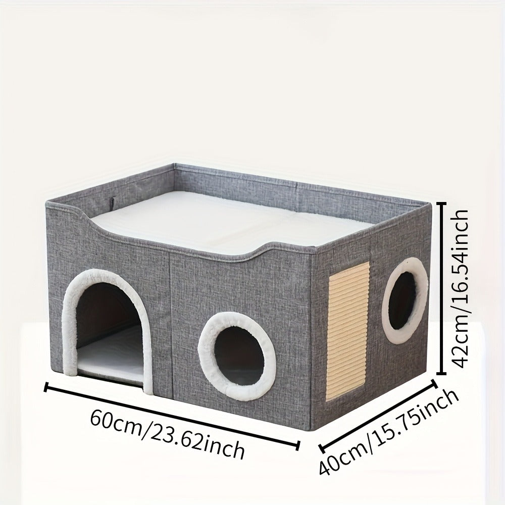 Foldable Gray Cat Condo with Top Platform, Scratch Panel, Openings and Four Cube-Style Options
