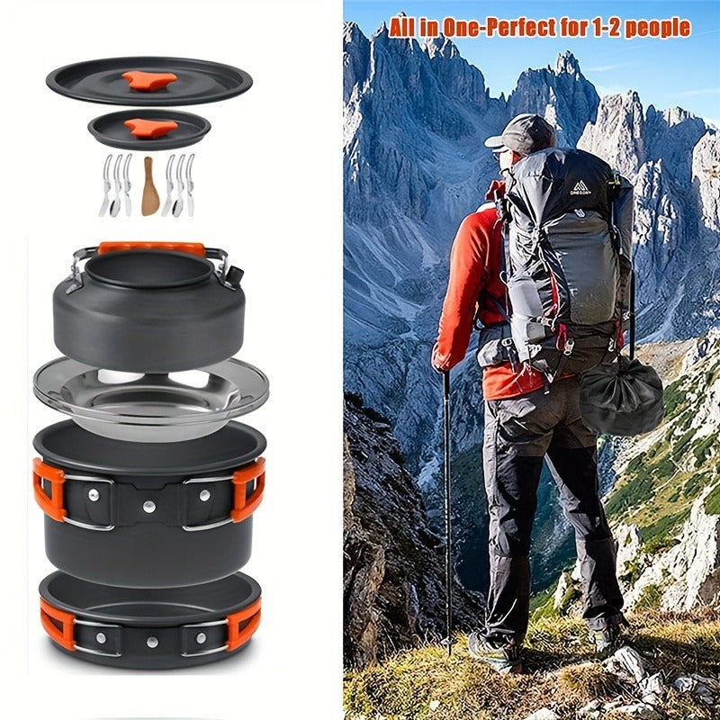 Camping Cookware Set, Aluminum Pot, Frying Pan and Kettle Kit with Folding Handles, Cutlery and Carry Bag