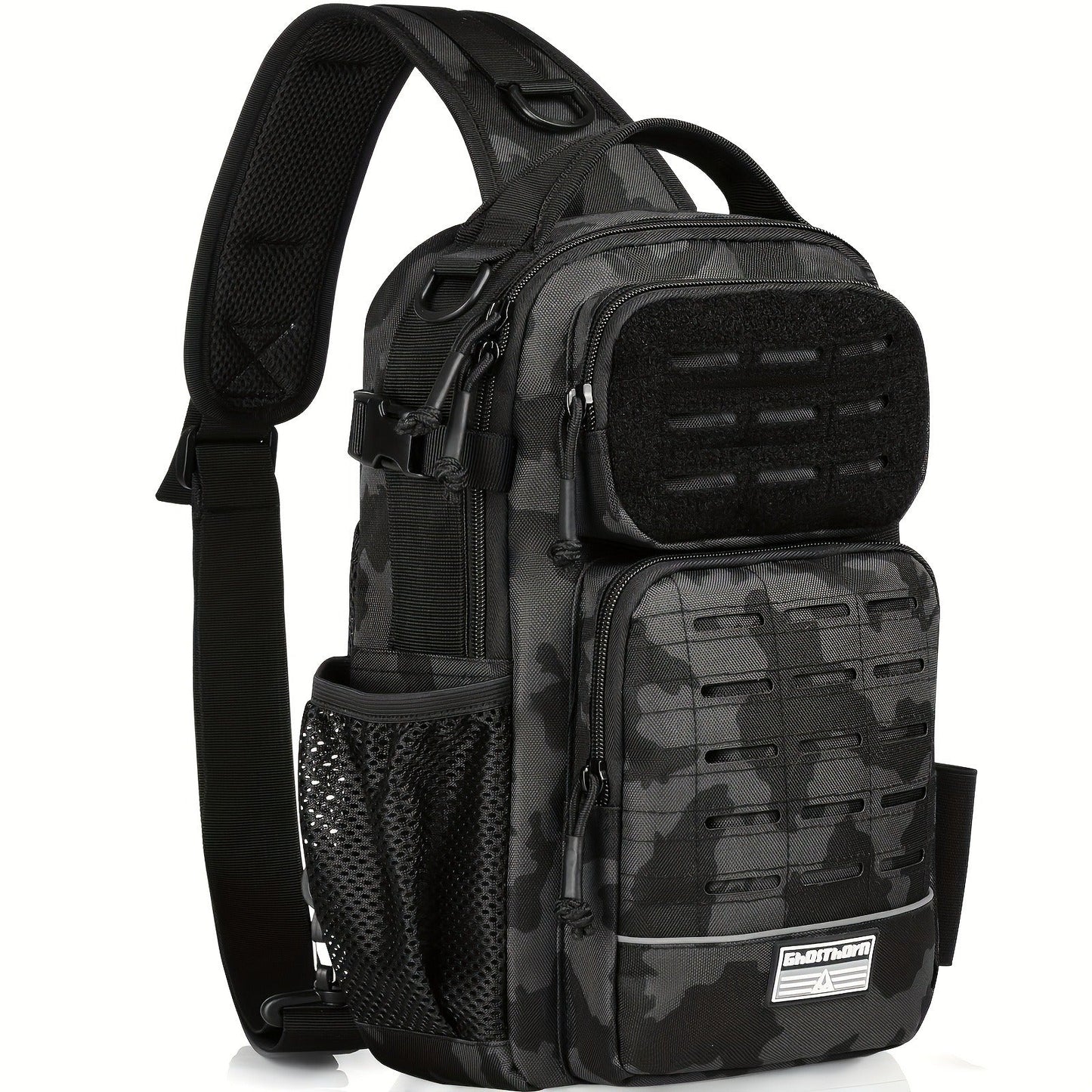Camouflage Fishing Shoulder Bag with Six Checkout Options, Multi-Pocket Layout, Rod Holder and Bottle Pocket