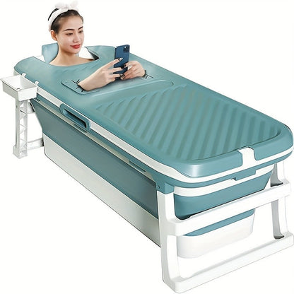Rectangular Collapsible Adult Soaking Tub in Blue with Rigid Folding Frame, Thermal Cover and Drain Hose