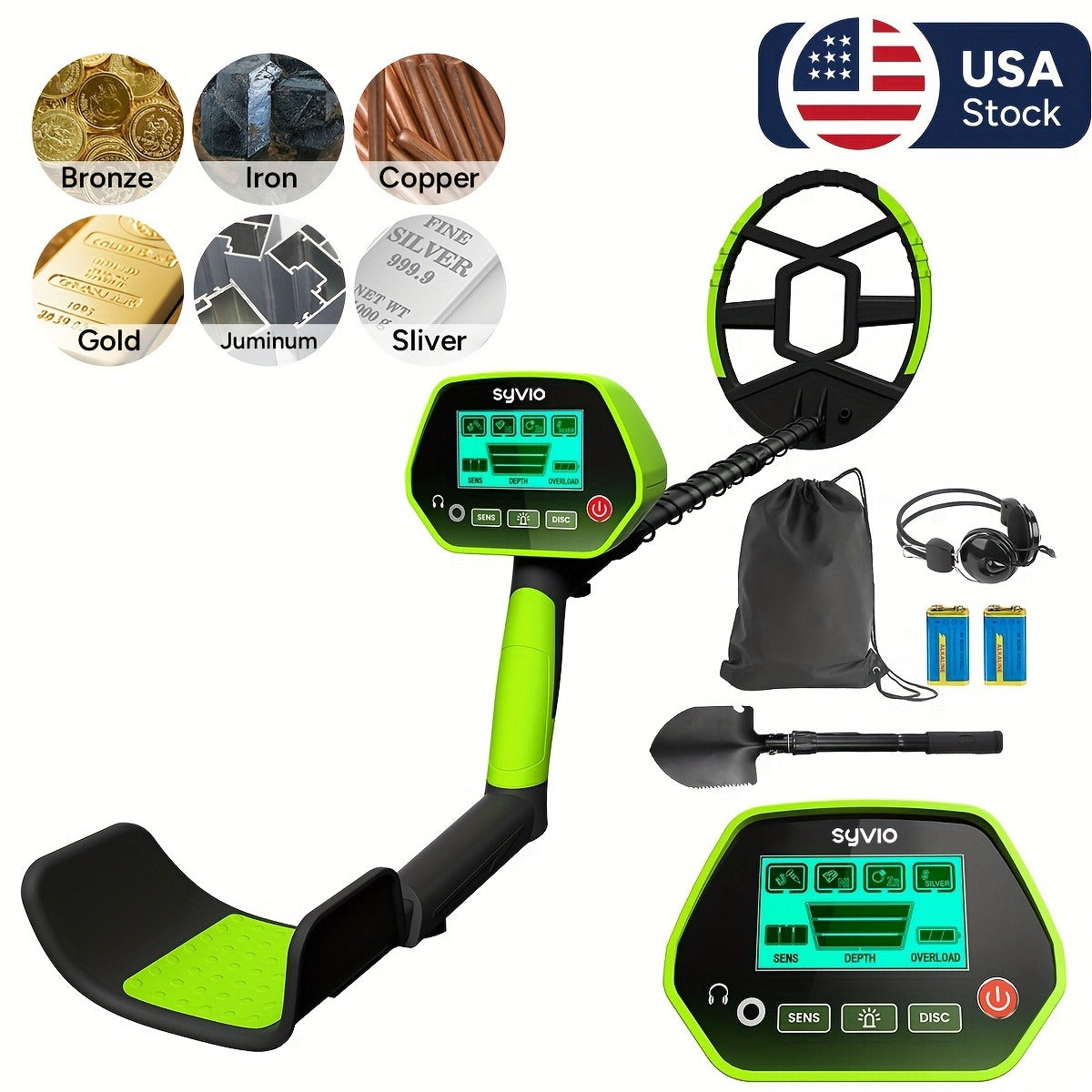 LCD Metal Detector with 8-Inch Search Coil, Adjustable Shaft and Green, Yellow or Basic-Version Options