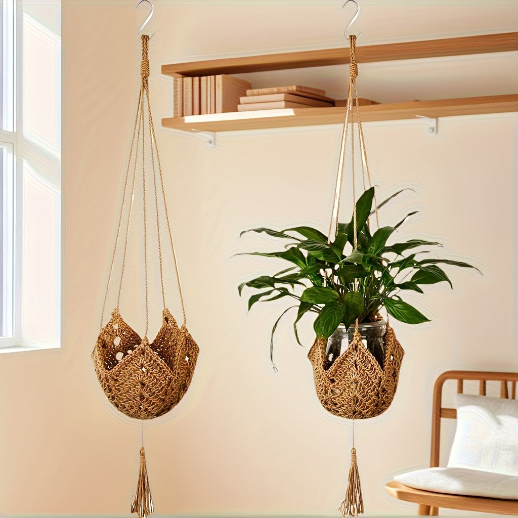 Macrame Plant Hanger with Tassels, Bohemian Cotton Rope Crochet Wall Basket, Indoor Outdoor Hanging Planter with Hooks, Boho Home Decor