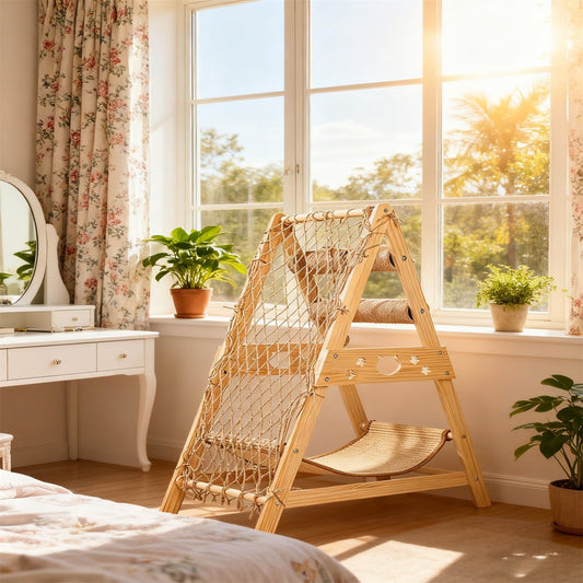 Cat Tree Triangle Cat Tower with Sisal Scratching Posts, Soft Hammock Bed & Hanging Feather Toys – Bamboo Stable Cat Climbing Tower for Indoor Cats, Kittens & Small Cats, Space-Saving Design