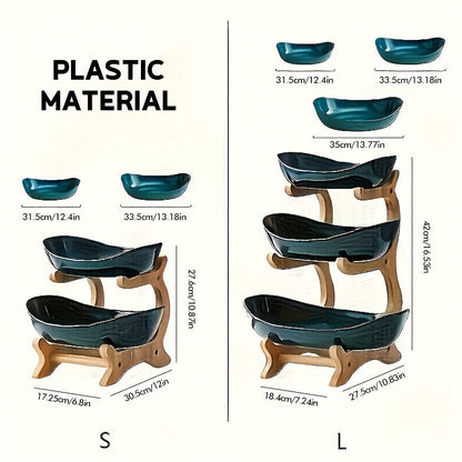 White or Green Countertop Display Stand with Two- or Three-Tier Curved Trays and Wood-Look Supports