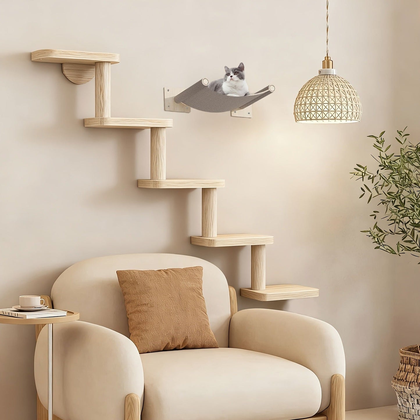 Wall-Mounted Cat Tree 5 Layers Solid Wood Indoor Cat Climbing Frame Jumping Platform Ladder Space-Saving for Small Spaces Multi-Cat Homes Living Room Bedroom Balcony