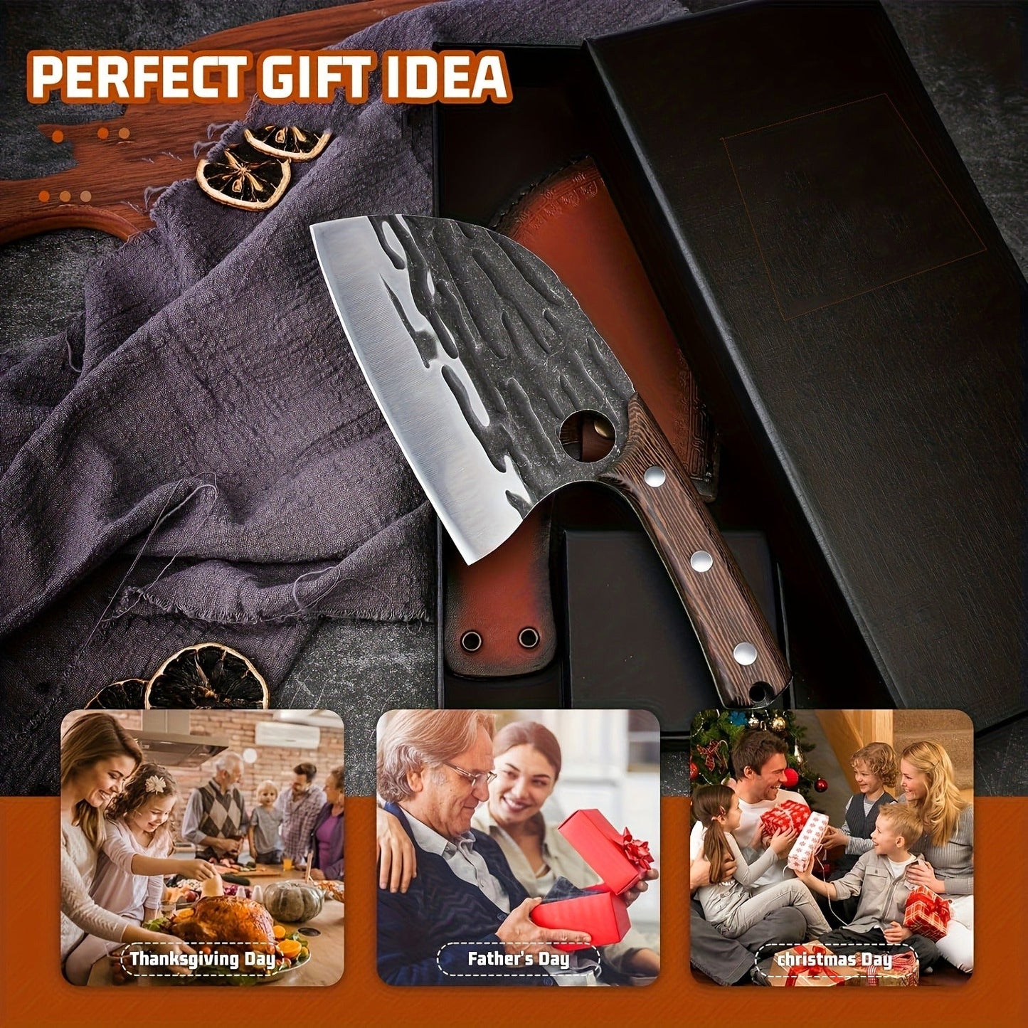 Serbian-Style Meat Cleaver with 6.5-Inch Blade, Wood Handle, Full-Tang Rivets and Leather Sheath