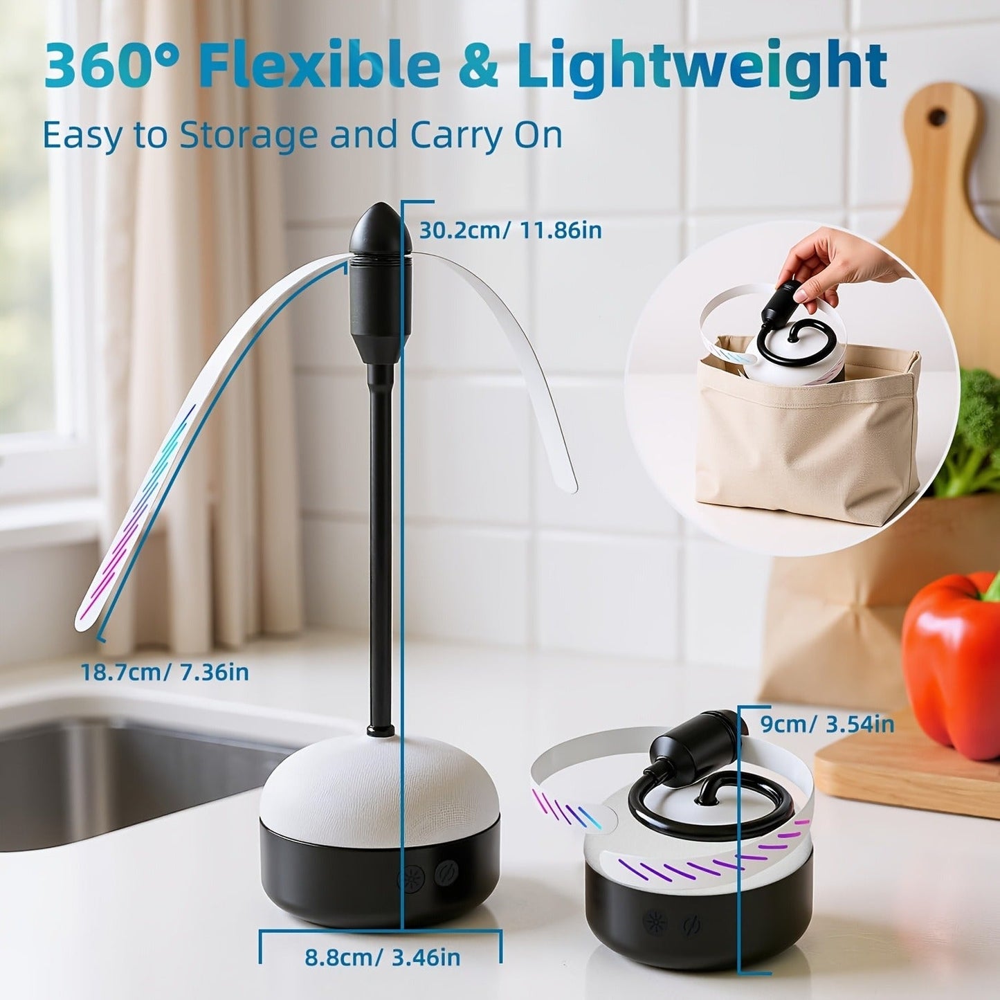 Desktop Reflective-Blade Fan Pest Control Device with Amber Light, Flexible Neck and USB Power for Tabletop Use