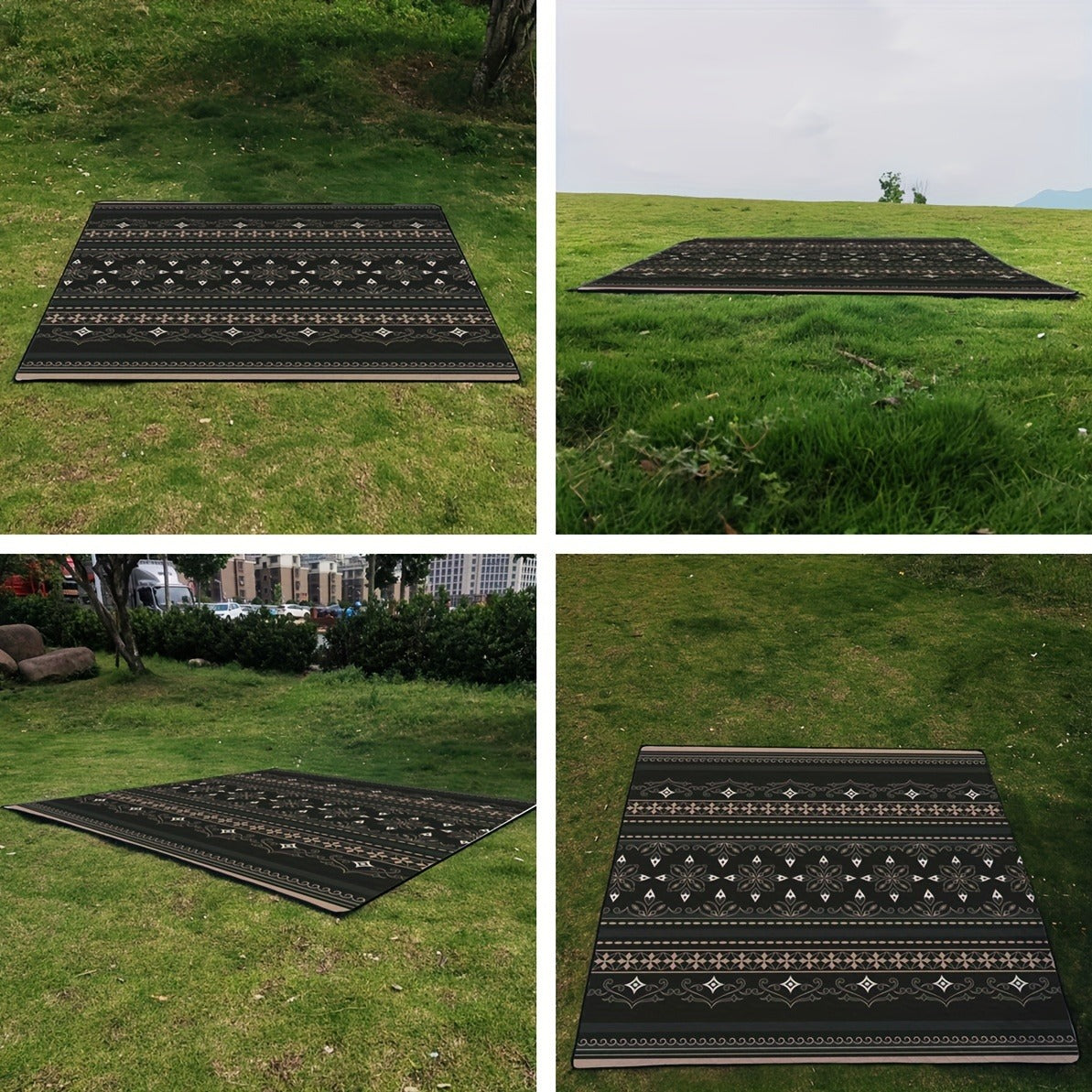 Foldable Picnic Mat with Black Geometric Print, Carry Straps and Displayed 78 x 78-Inch Square Size