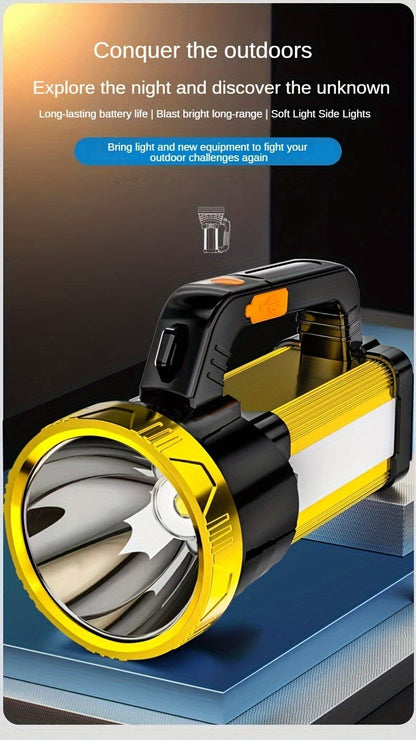 Flashlight 2000-Lumen Rechargeable Searchlight with 2400mAh Battery, Side Lantern and USB Output