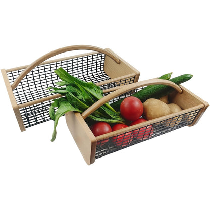 Garden Harvest Basket with Metal Mesh Body, Wooden Ends, Carry Handle and Small or Large Black Options