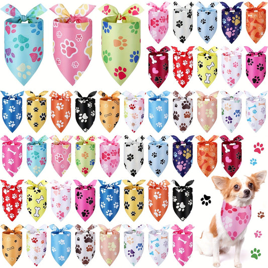Dog Bandanas 50-Pack Paw Print Triangle Kerchief Bulk Set – Pet Costume Bibs for Dogs & Cats, Party Accessories for Grooming Salons, Puppy Photoshoots & Holiday Celebrations