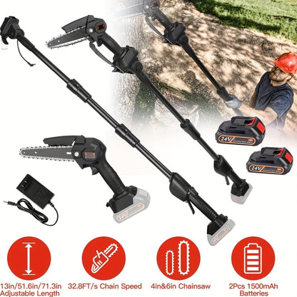 Cordless 4- and 6-Inch Pole Saw with Three Extension Sections, 90° Head, Two Batteries and Two Colors