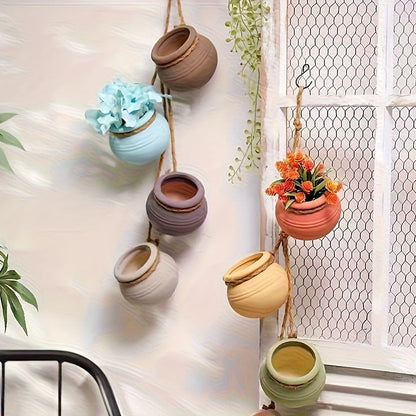 Four-Piece Geometric Hanging Planter Set with Hemp-Rope-Label Suspension and Four Earth-Tone Pot Colors