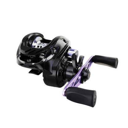 Black and Purple Baitcasting Fishing Reel with Left- or Right-Hand Retrieve and Dual-Paddle Handle