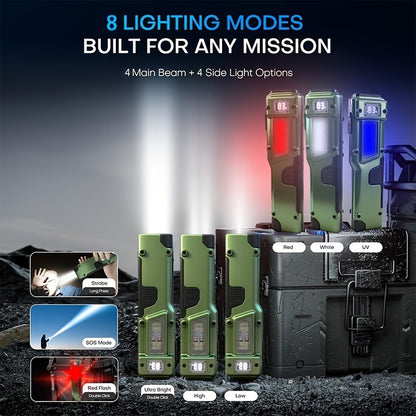 Flashlight Flat EDC Torch with Eight Modes, UV Light, Digital Display, Type-C Charging and Safety Lock