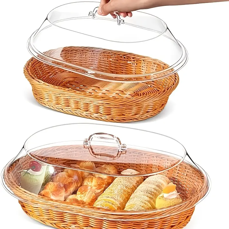 Wicker Bread and Fruit Storage Basket with Clear Acrylic Lid in Square or Round Checkout Shapes
