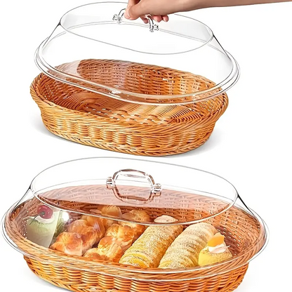 Wicker Bread and Fruit Storage Basket with Clear Acrylic Lid in Square or Round Checkout Shapes