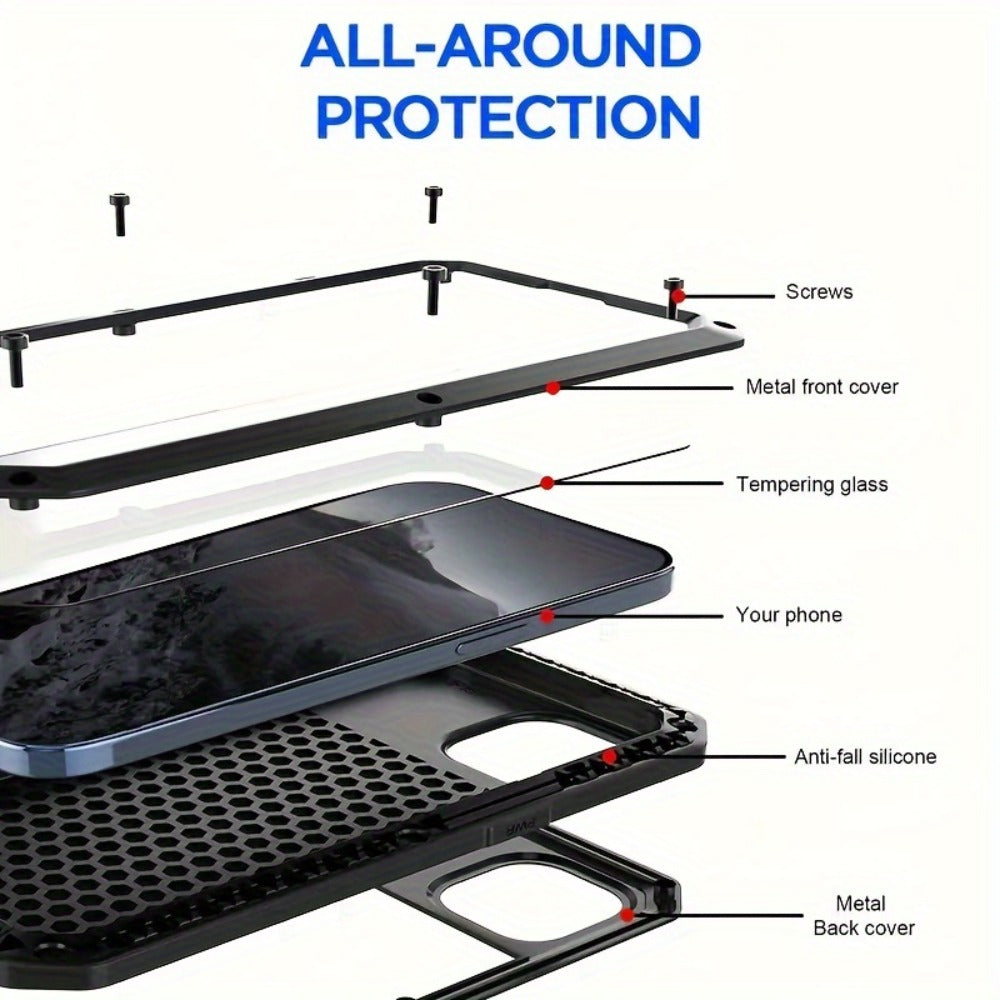 Metal-Frame Full-Body iPhone Case with Built-In Glass Screen Cover for Selected iPhone 11 through 16 Models