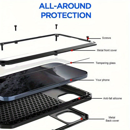 Metal-Frame Full-Body iPhone Case with Built-In Glass Screen Cover for Selected iPhone 11 through 16 Models
