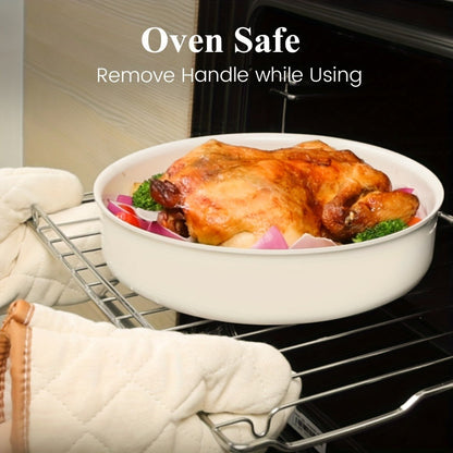 Ceramic-Coated Cookware Set with 17 Pieces, Detachable Handles, Pots, Pans, Lids and Cream Finish