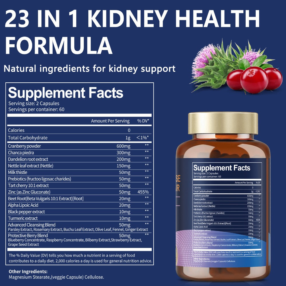 Herbal Supplement with Totaria Health Label, 23-in-1 Capsules with Chanca Piedra and Cranberry, 120 Count