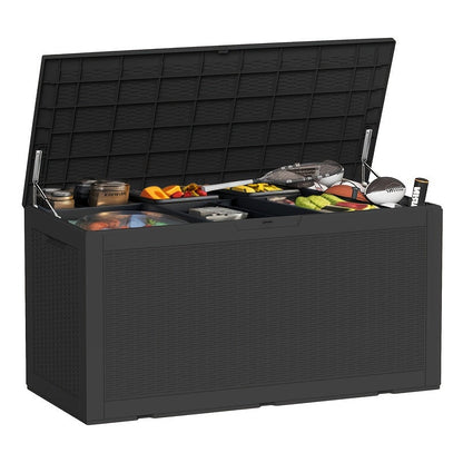100-Gallon Rattan-Style Outdoor Deck Box with Lockable Lid, Lift Supports and Black Finish
