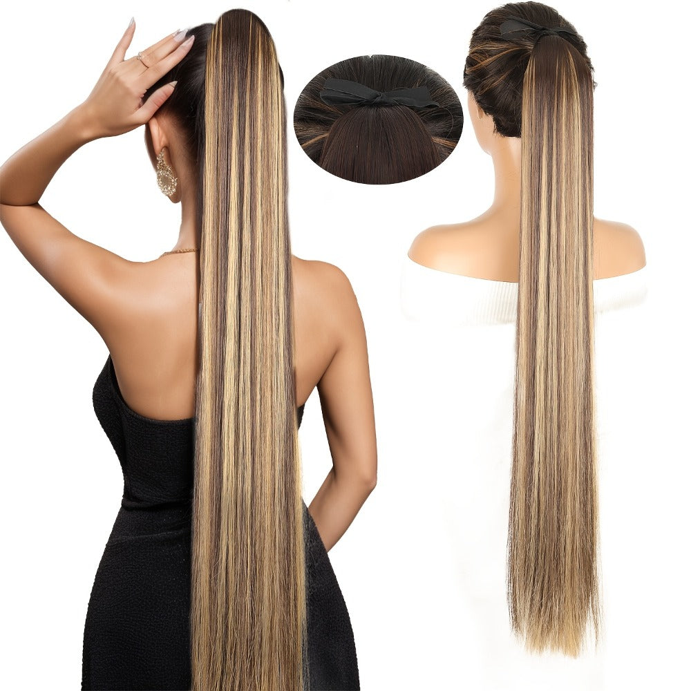 34 Inch Straight Ponytail Extension Ribbon Wrap – Long Sleek High Temperature Fiber Hairpiece for Women | Instant Wrap On Ponytail | Daily Wear Party Wedding | Brown Linen Champagne Olive Mixed