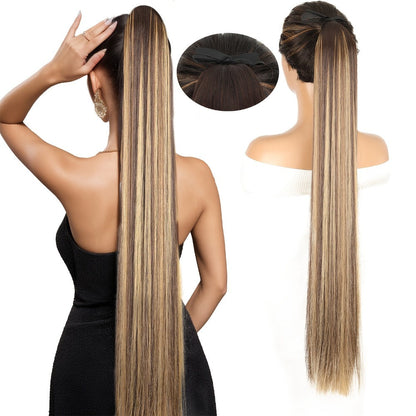 34 Inch Straight Ponytail Extension Ribbon Wrap – Long Sleek High Temperature Fiber Hairpiece for Women | Instant Wrap On Ponytail | Daily Wear Party Wedding | Brown Linen Champagne Olive Mixed