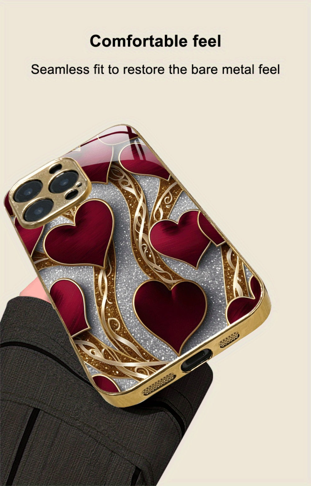 Phone Case Red and Gold Heart Pattern Slim Cover for Select iPhone and Samsung Galaxy Models