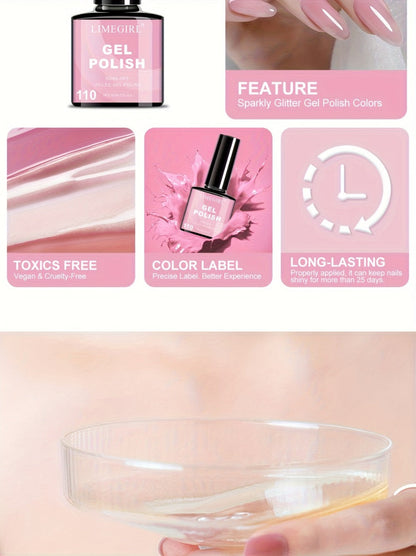 Gel Nail Polish Set with LIMEGIRL Label, 6 Fall Winter Glitter and Solid Colors, Two Palettes
