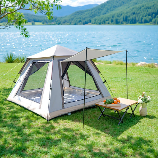 Camping Tent 4-6 Person Automatic White Shelter with Four-Sided Ventilation and Zipper Entry