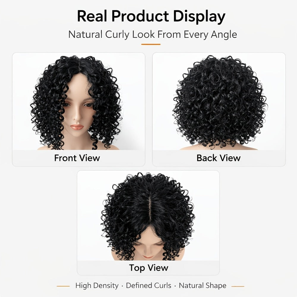 Synthetic Wig 14-Inch Deep-Wave Curly Bob with Glueless Rose Net Cap in Four Colors for Daily Style