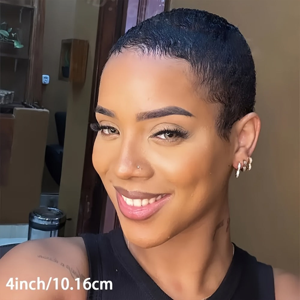 Deep Wave Pixie-Cut Human Hair Wig with Bangs and Short Full Cap in a Black 4-Inch Hair Style