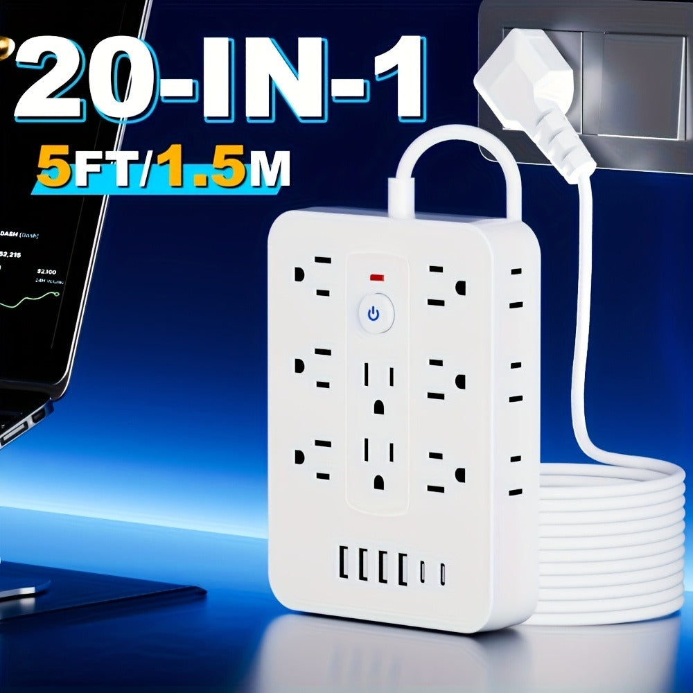 Compact Flat Plug Power Strip 20-in-1, 14 AC Outlets & 6 USB Ports (4 USB-A + 2 USB-C), Lightning Surge Protection