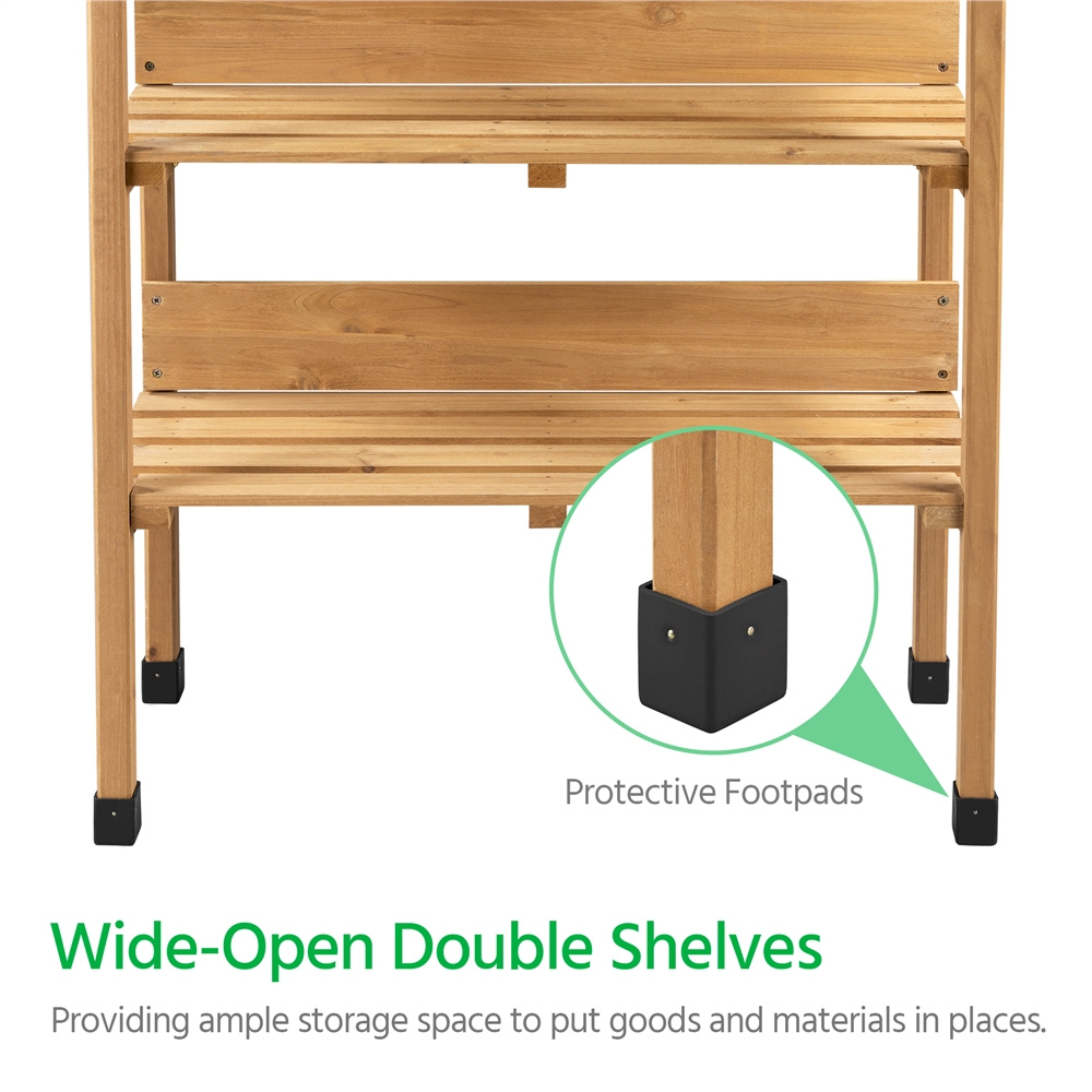 Rolling Potting Bench 3-Tier Wooden Garden Workstation Waist-High Galvanized Metal Top Lockable Casters Side Hooks Shelves for Outdoor Patio Gardening Storage