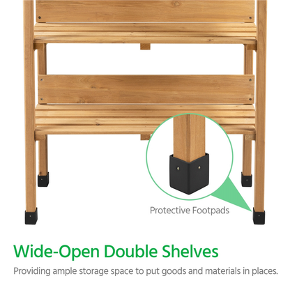 Rolling Potting Bench 3-Tier Wooden Garden Workstation Waist-High Galvanized Metal Top Lockable Casters Side Hooks Shelves for Outdoor Patio Gardening Storage