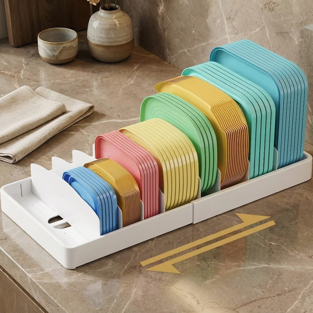 Container Lid Kitchen Organizer with Eight Inserts, 21 Compartments and Expandable 13-24.3-Inch Base