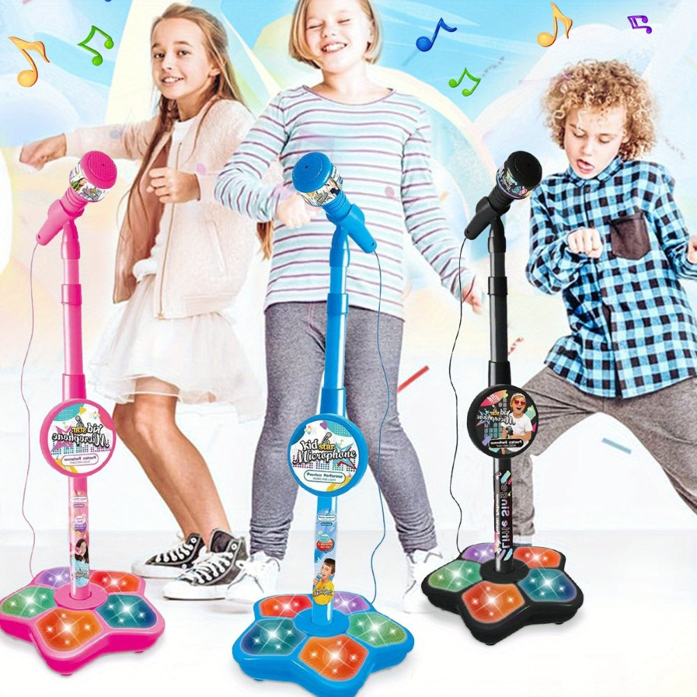 Kids Karaoke Microphone with Stand & Amplifier – Singing Toy for Girls Boys Age 3+, Random Print Design, Birthday Gift, Blue / Black / Pink