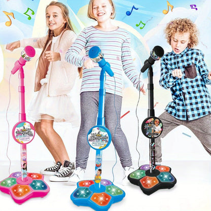 Kids Karaoke Microphone with Stand & Amplifier – Singing Toy for Girls Boys Age 3+, Random Print Design, Birthday Gift, Blue / Black / Pink