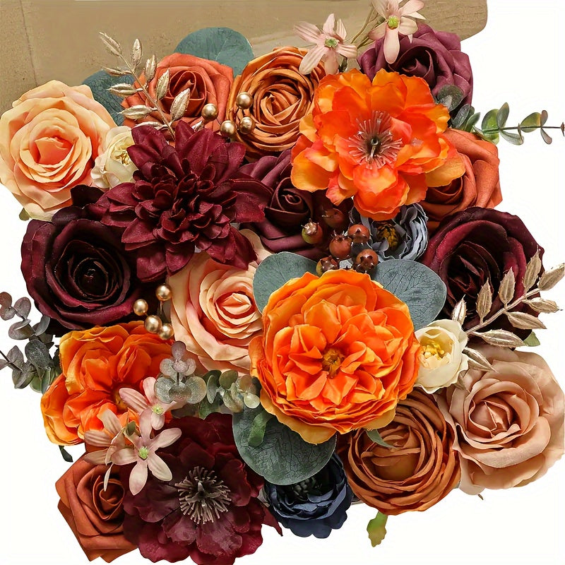 Artificial Flowers Bouquet Set – Foam Roses for Wedding, Fall Halloween Valentine's Day Table Decor, Orange Wine Red Blue
