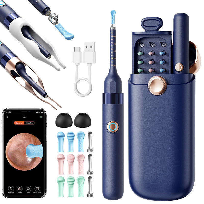 Rechargeable Camera Ear Cleaning Set with LED Light, Silicone Tips, Storage Case and Creamy White or Blue Finish
