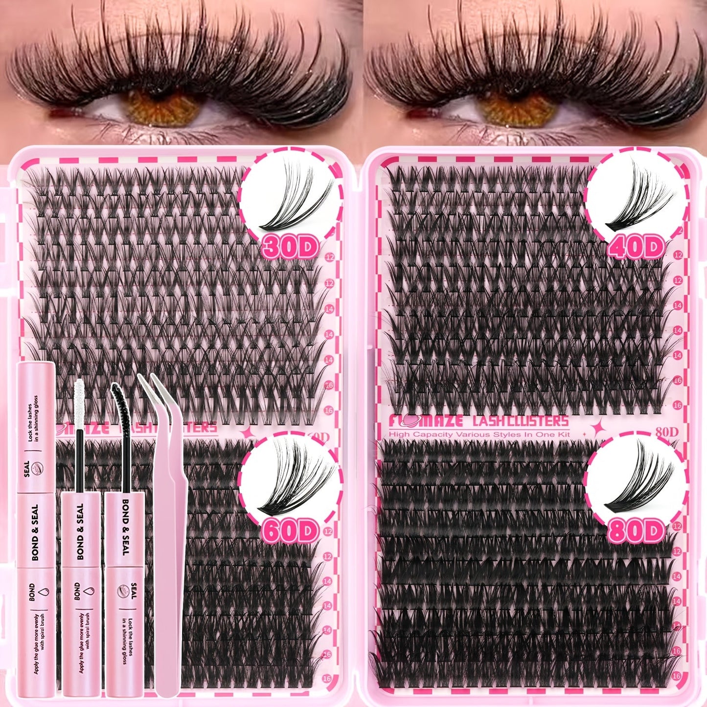 800Pcs Volume Lash Clusters Kit 30D 40D 60D 80D — Wispy DIY Eyelash Extensions with Bond Seal & Applicator, Mixed Length Fluffy Cluster Lashes for Prom Party Bridal Glam & Natural Look