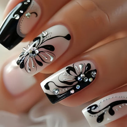 Matte Press On Nails 48 Pieces Black White Square – French Tip Butterfly Pattern Full Cover Detachable False Nails for Women | Elegant Nail Art Gift Set for Valentines Day Holiday Party Wedding
