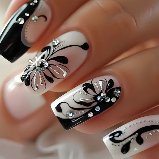 Matte Press On Nails 48 Pieces Black White Square – French Tip Butterfly Pattern Full Cover Detachable False Nails for Women | Elegant Nail Art Gift Set for Valentines Day Holiday Party Wedding