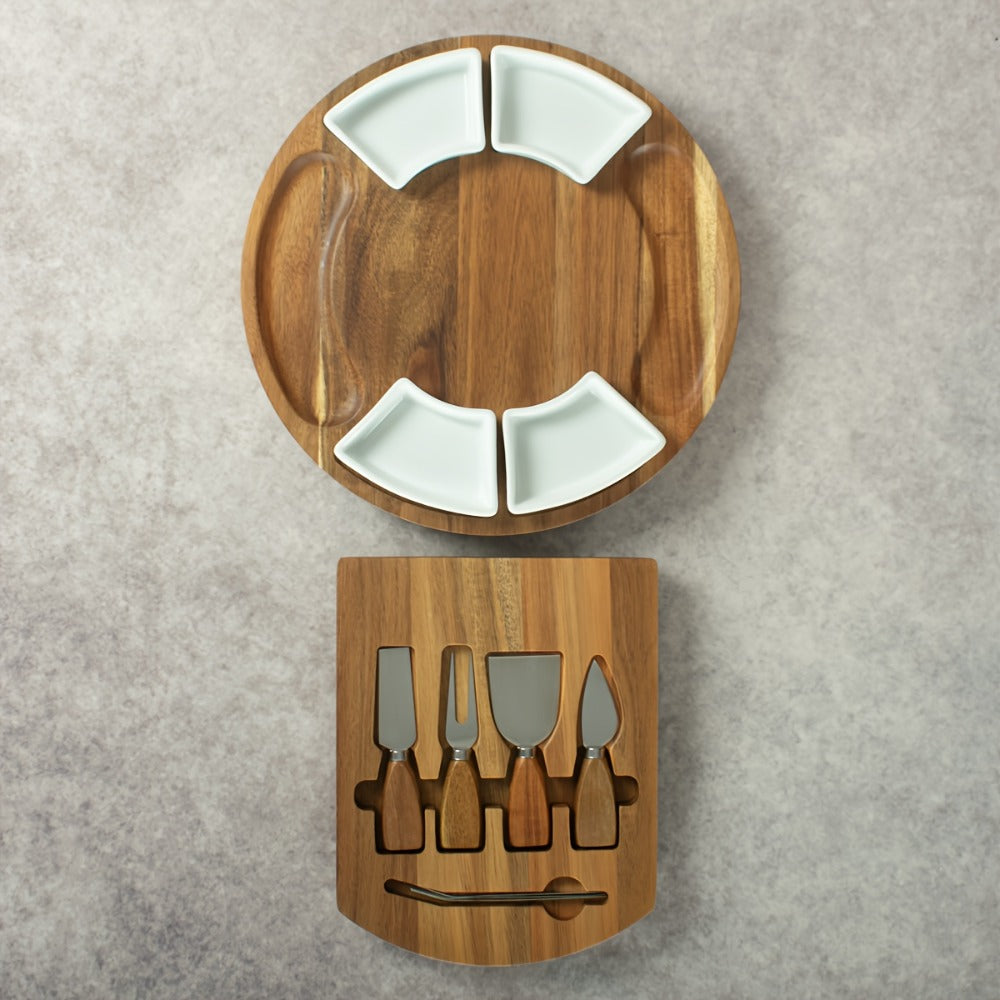 Round 13-Inch Wood-Look Charcuterie Board Set with Four White Bowls, Utensil Drawer and Serving Tools