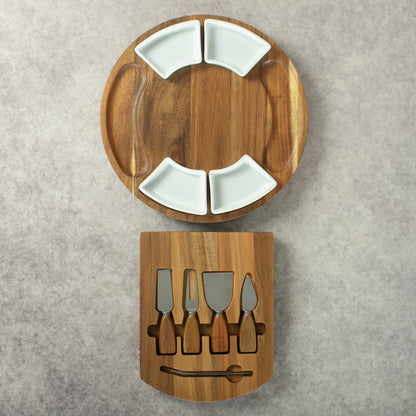 Round 13-Inch Wood-Look Charcuterie Board Set with Four White Bowls, Utensil Drawer and Serving Tools